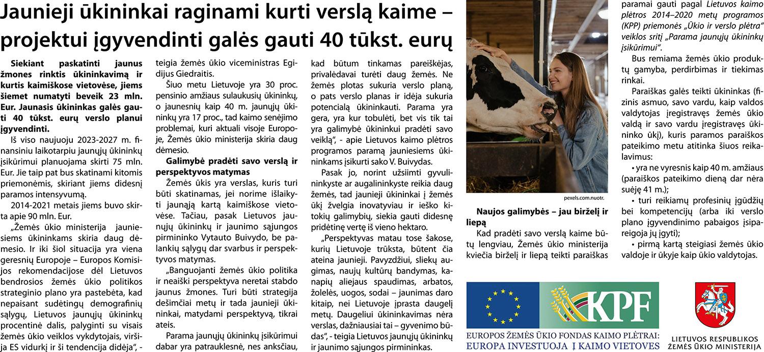 Jaunieji ūkininkai raginami kurti verslą kaime – projektui įgyvendinti galės gauti 40 tūkst. eurų. /